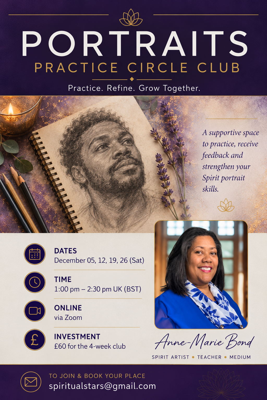 Portrait Practice Circle Club flyer — December sessions with Anne-Marie Bond
