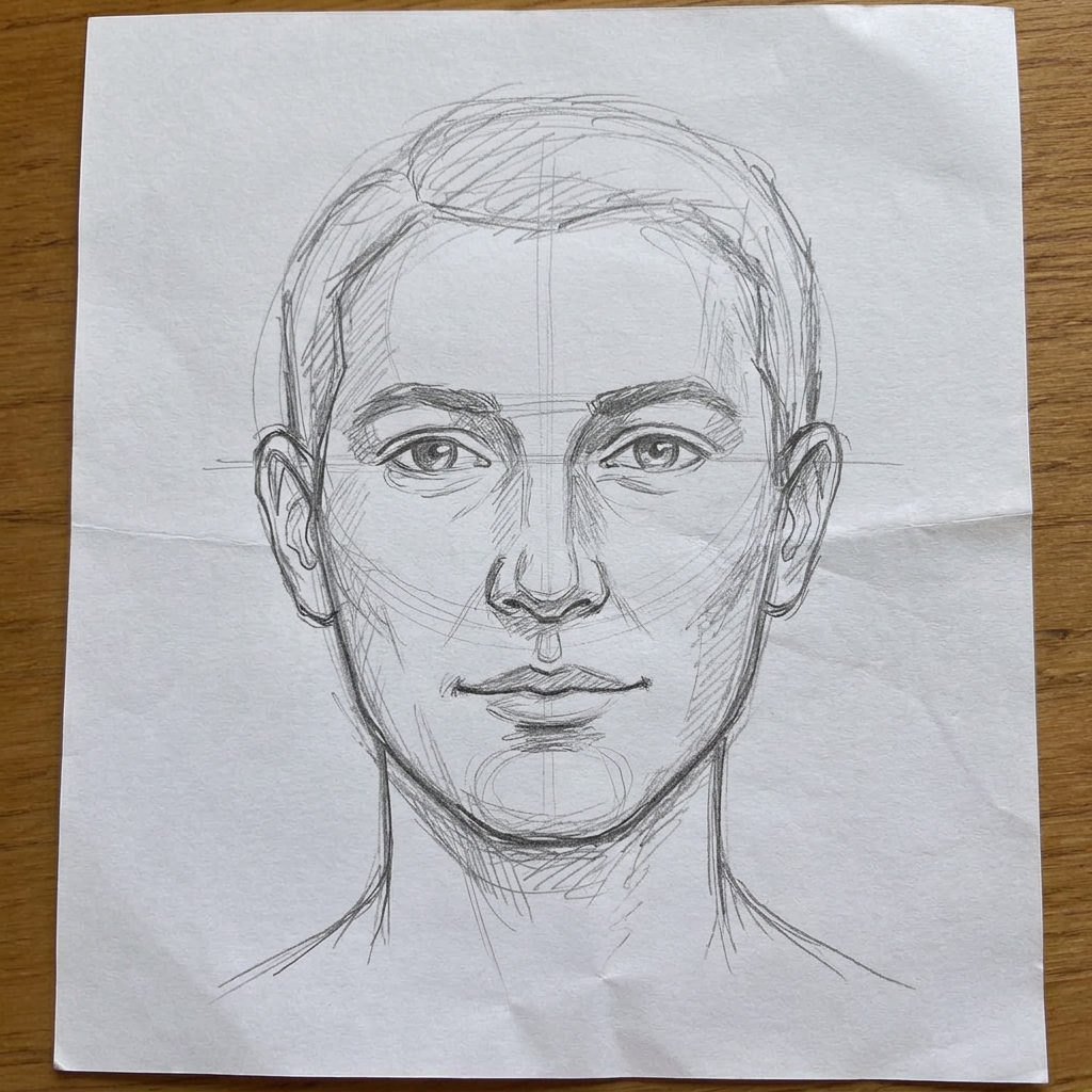 The same beginner after one year of practice: a loose graphite portrait with a recognisable face, visible construction lines and unfinished shading