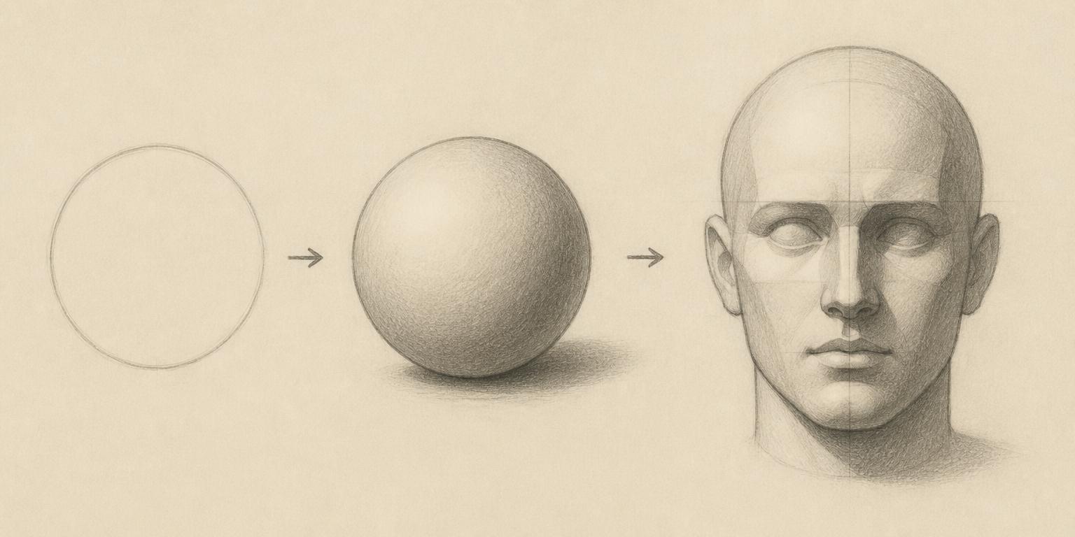 Portrait drawing study showing the movement from flat shapes to three-dimensional form