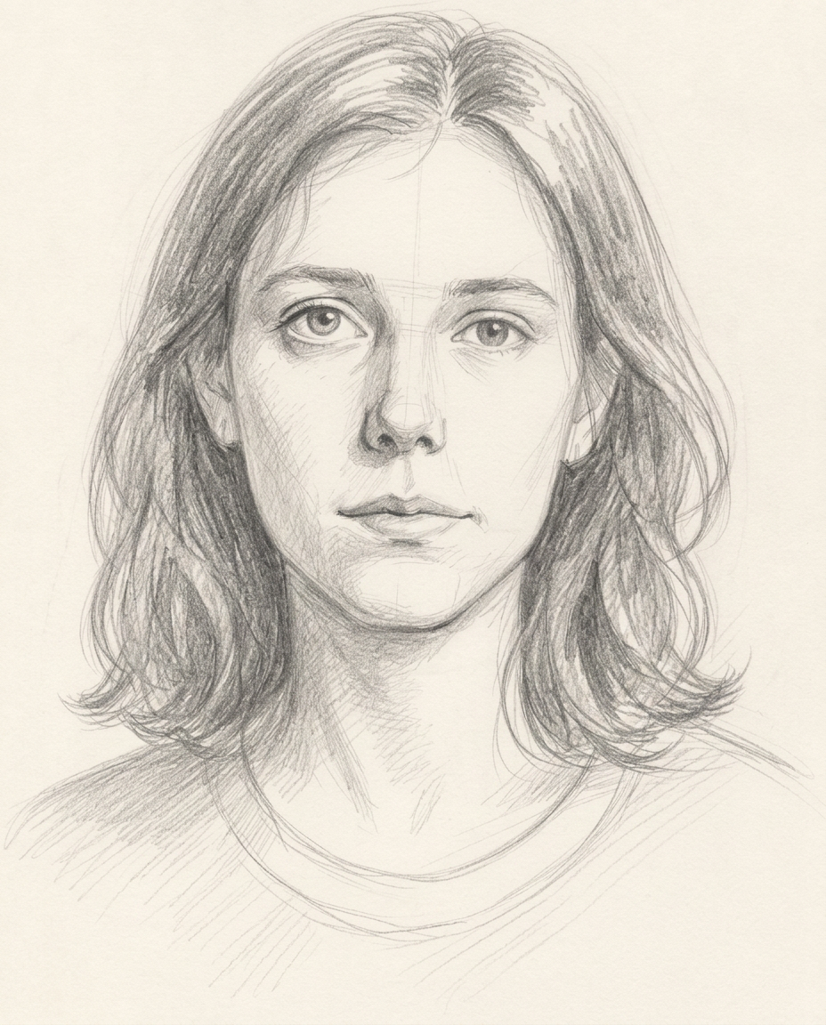 A beginner portrait study with light construction lines and simple facial modelling