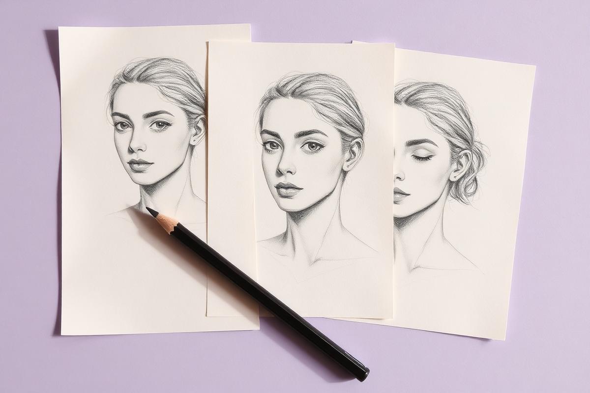 Three graphite portrait practice studies on cream paper beside a pencil