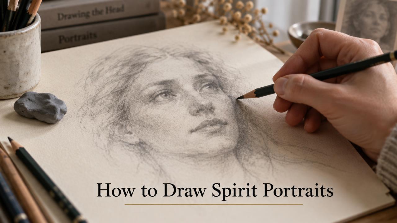 Hand sketching a spirit portrait in pencil, titled How to Draw Spirit Portraits