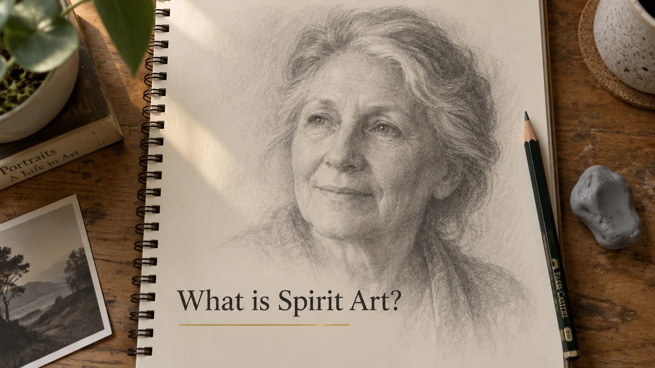 Graphite portrait drawing of a woman on a sketchbook, titled What is Spirit Art?