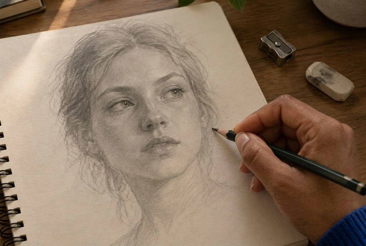 A hand sketching a face in soft pencil on cream paper