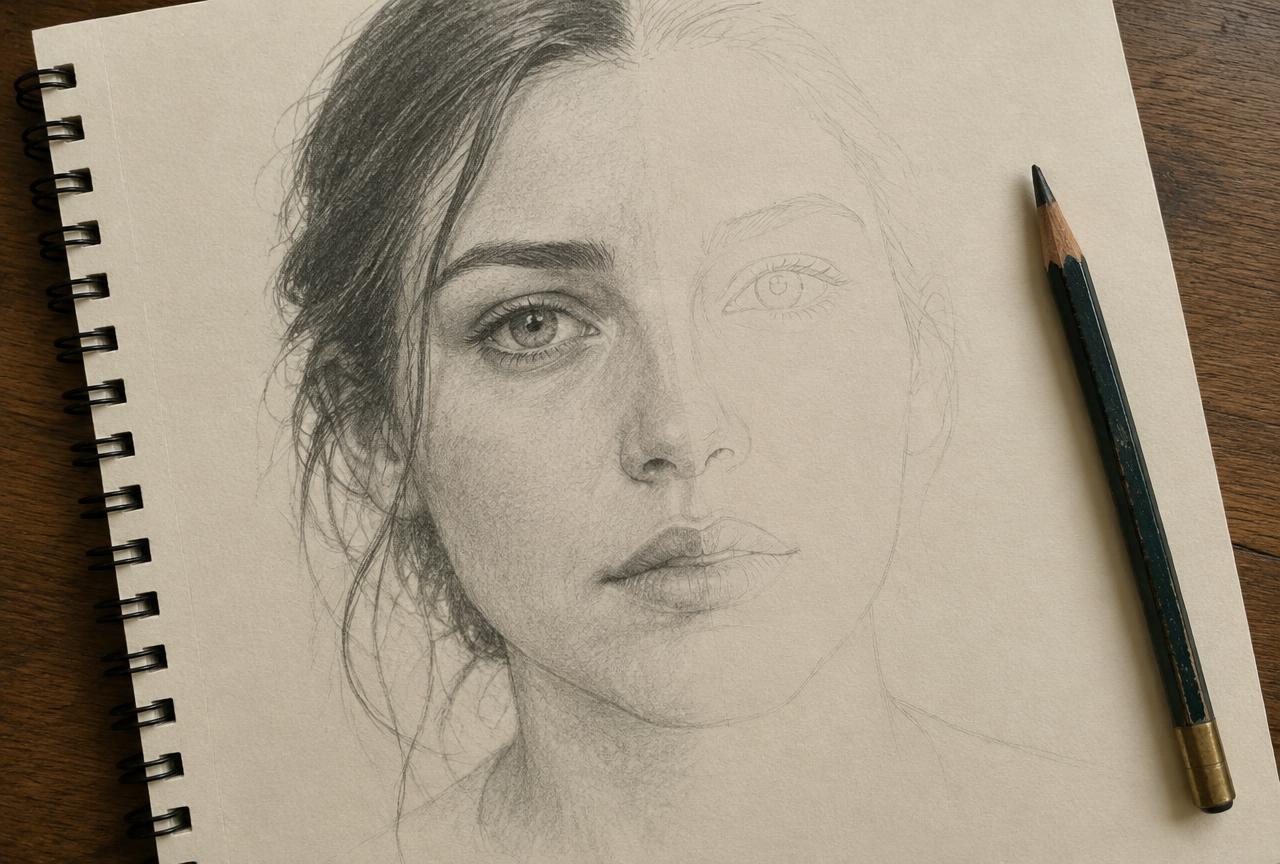A half-finished graphite portrait, one side still lightly outlined