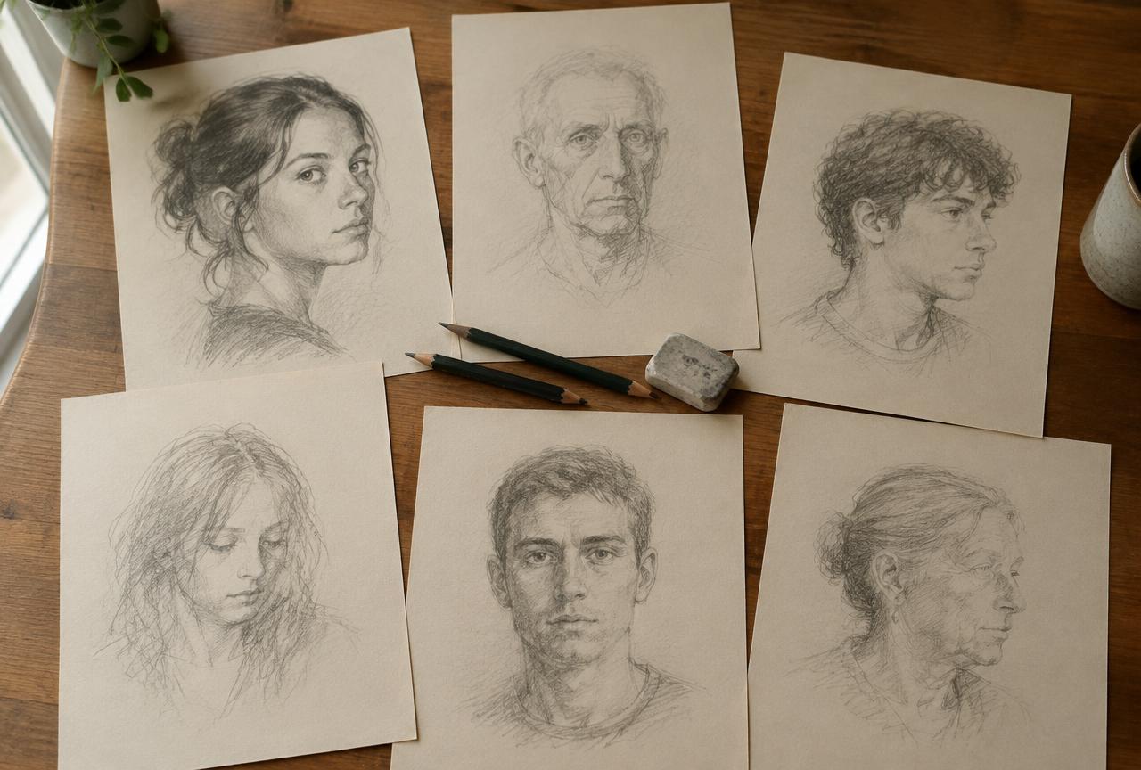 Several small pencil portrait studies spread across a wooden table