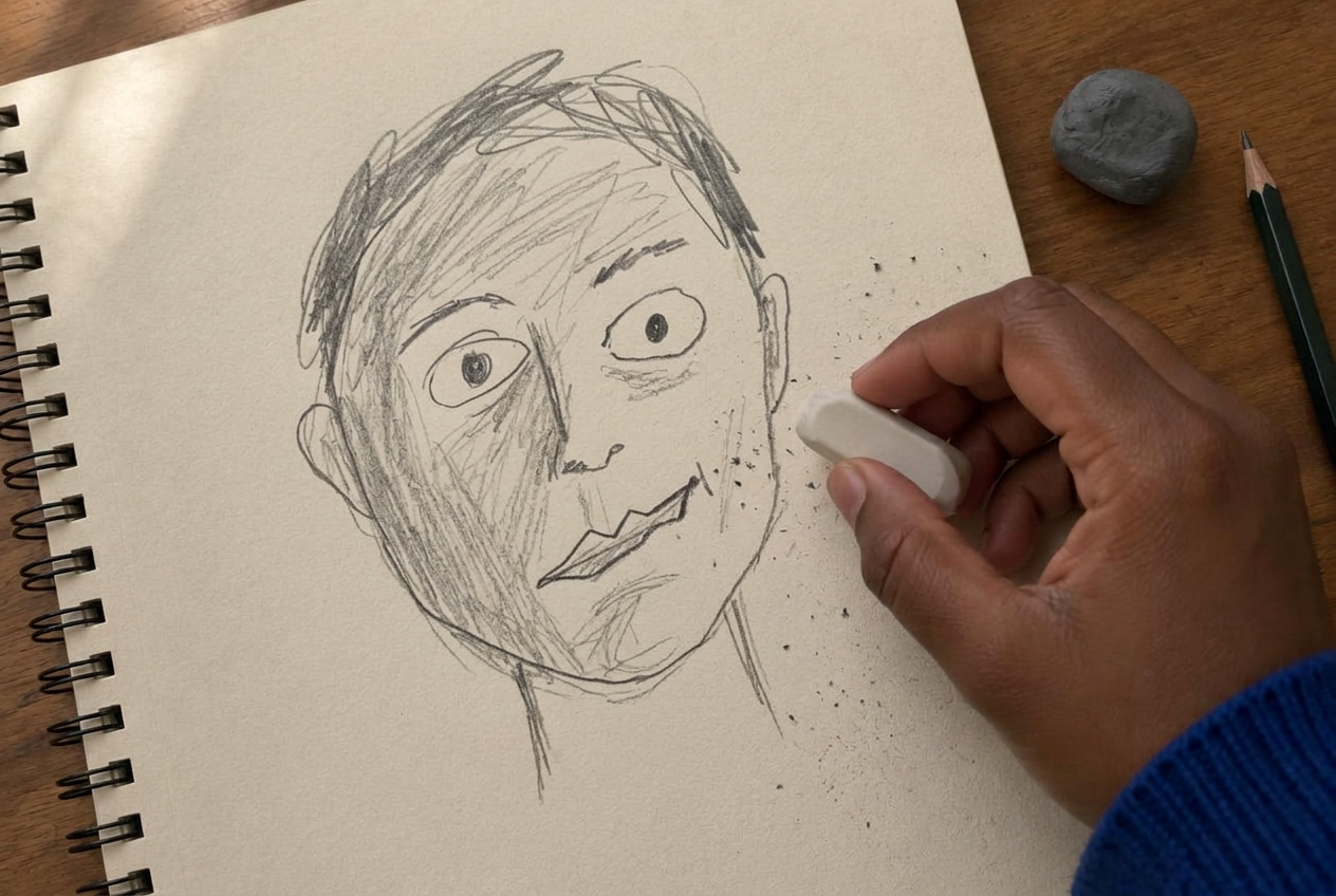 A pencil portrait on a desk that looks close but not quite right